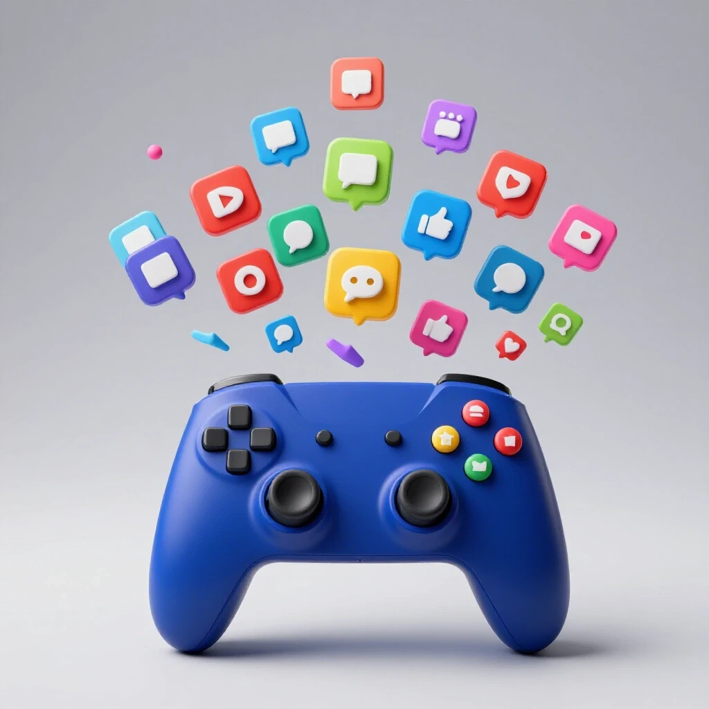 A vibrant game controller with colorful social media icons bursting out against a bright studio background, symbolizing game engagement with Facebook Ads.