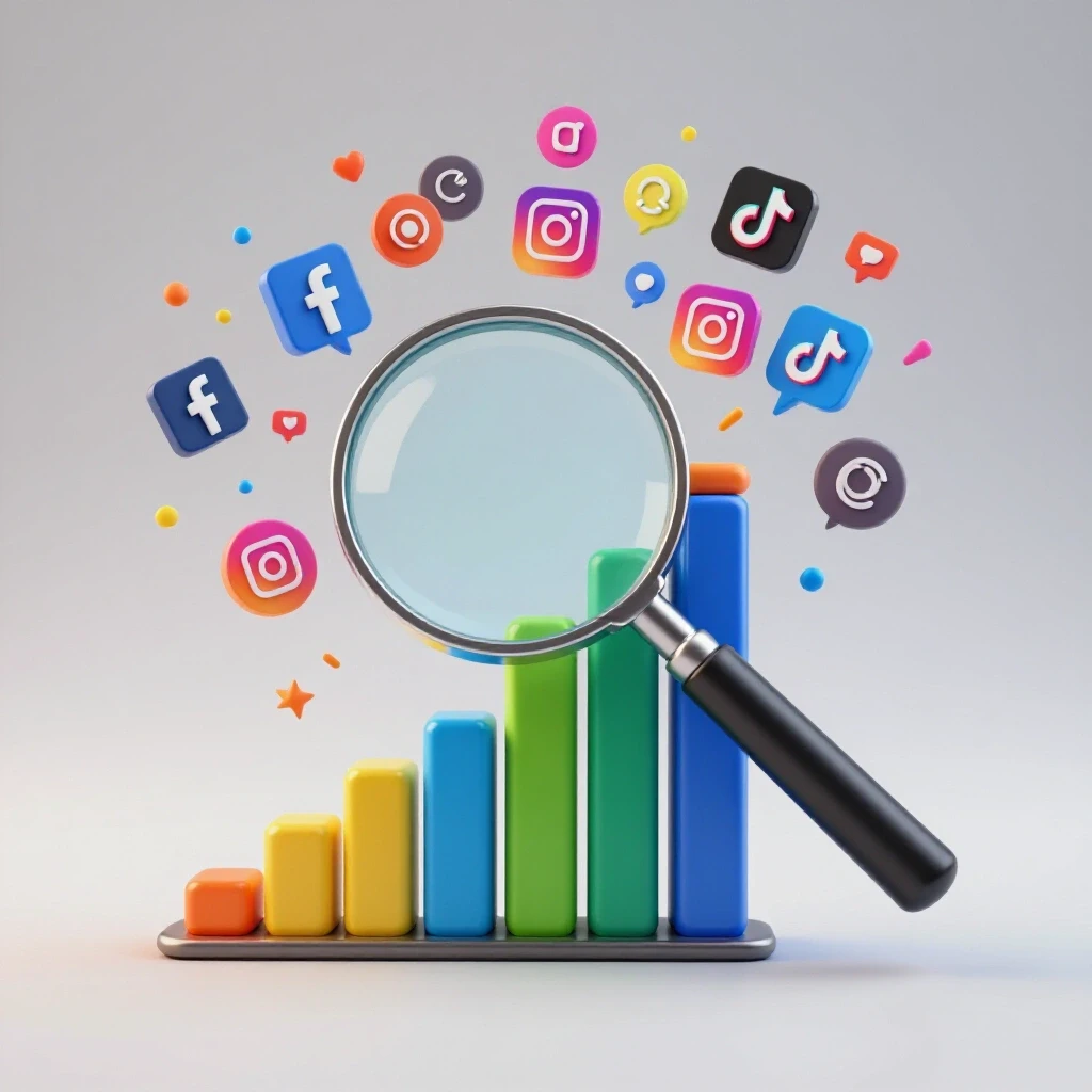A magnifying glass over a growing bar chart with vibrant social media icons exploding outward, symbolizing LTV analysis.