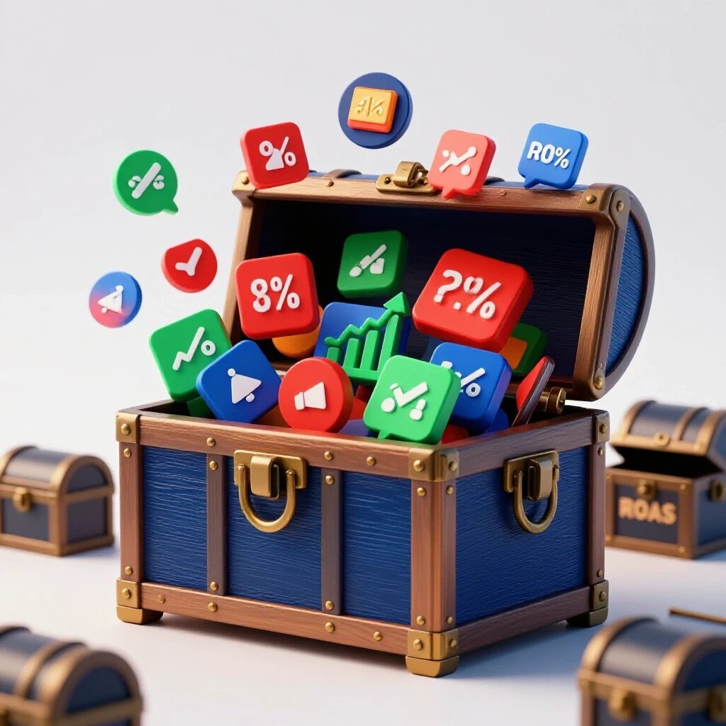 A vibrant treasure chest overflowing with colorful engagement metrics beside an empty ROAS chest, symbolizing social media ad success.