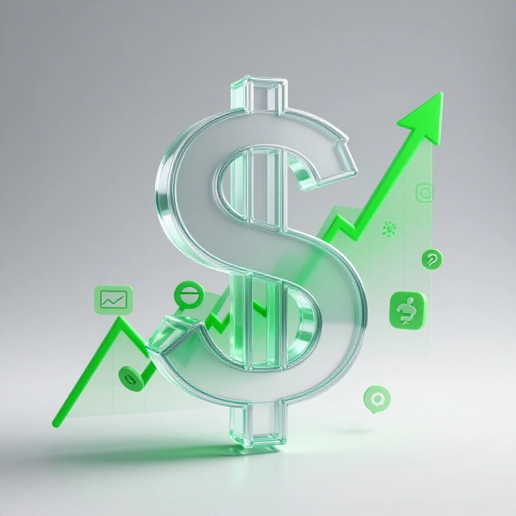 A 3D image of a transparent dollar sign over a digital growth graph with social media icons, set against a bright background.