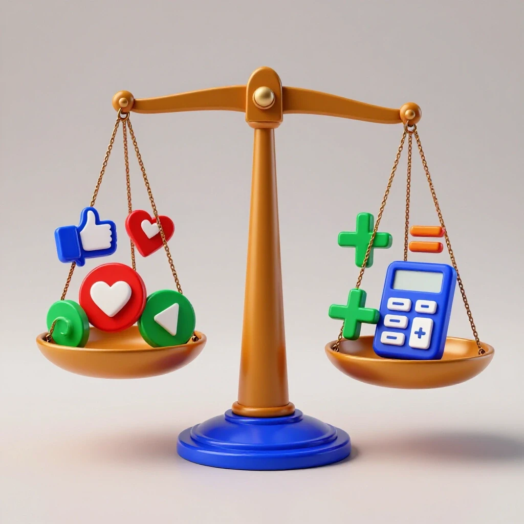 A vibrant balance scale with social media icons on one side and math symbols on the other, illustrating the value measurement in social media tools.