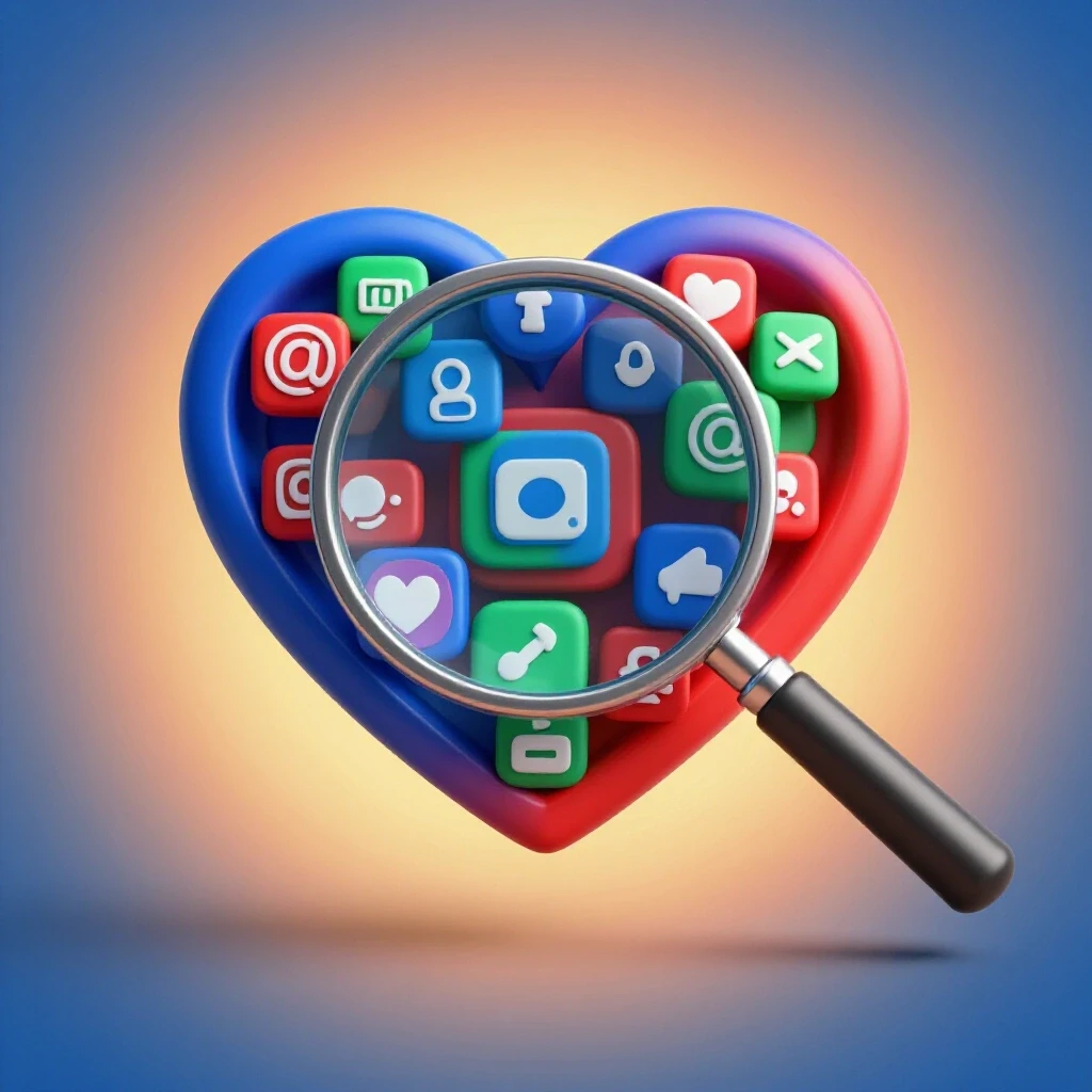 A magnifying glass hovering over a heart symbol with social media icons in vibrant colors, symbolizing trust-building.