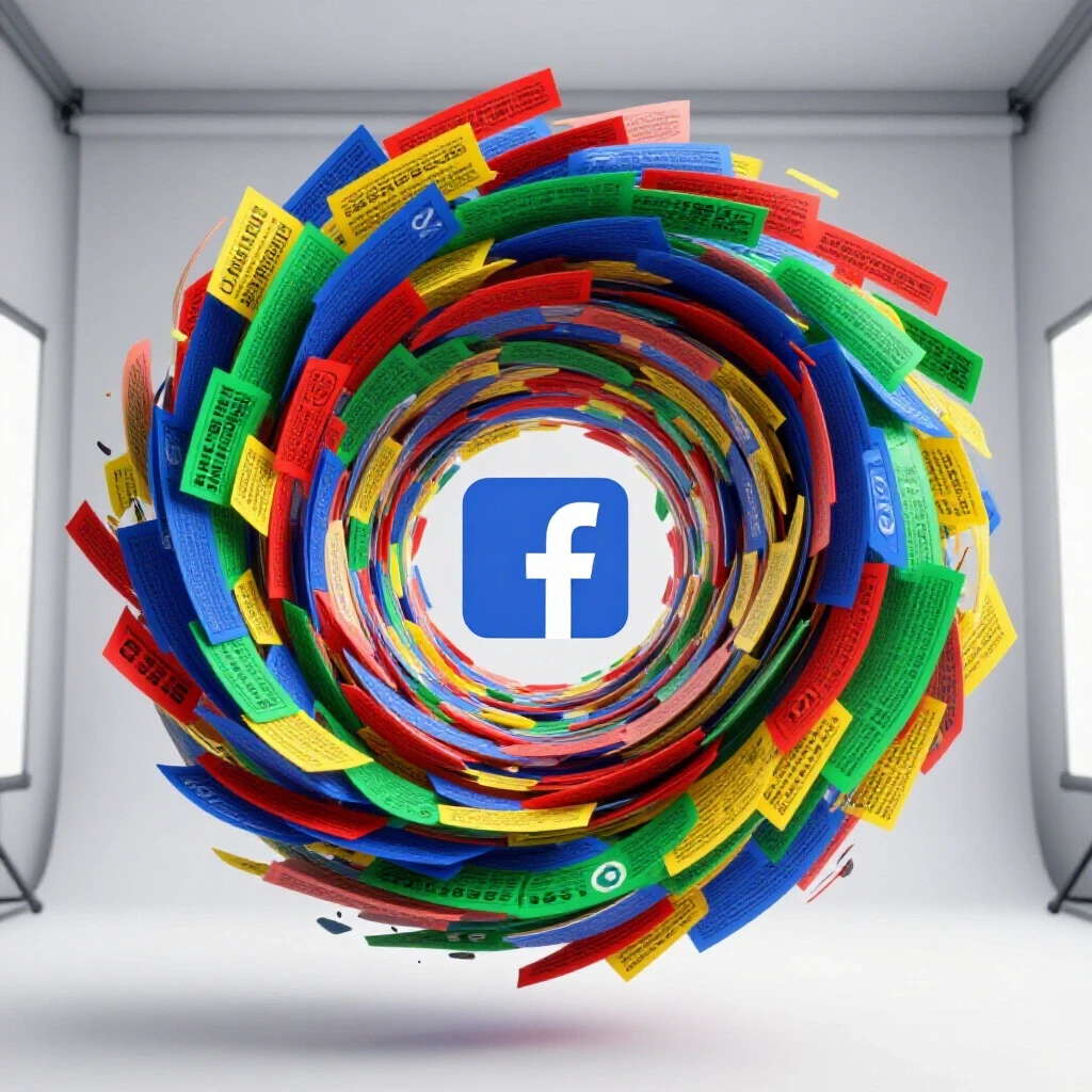 A vibrant vortex of memes swirling around a central Facebook logo, showcasing the dynamic nature of viral content.