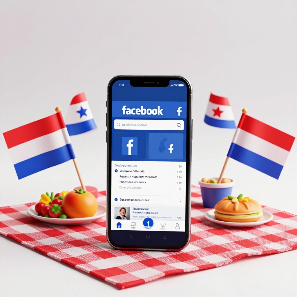 A vibrant picnic setting with red, white, and blue elements, featuring a smartphone with Facebook displayed.