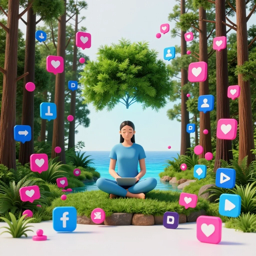 A serene nature landscape contrasted with a chaotic digital scene of social media notifications, symbolizing mental health challenges.