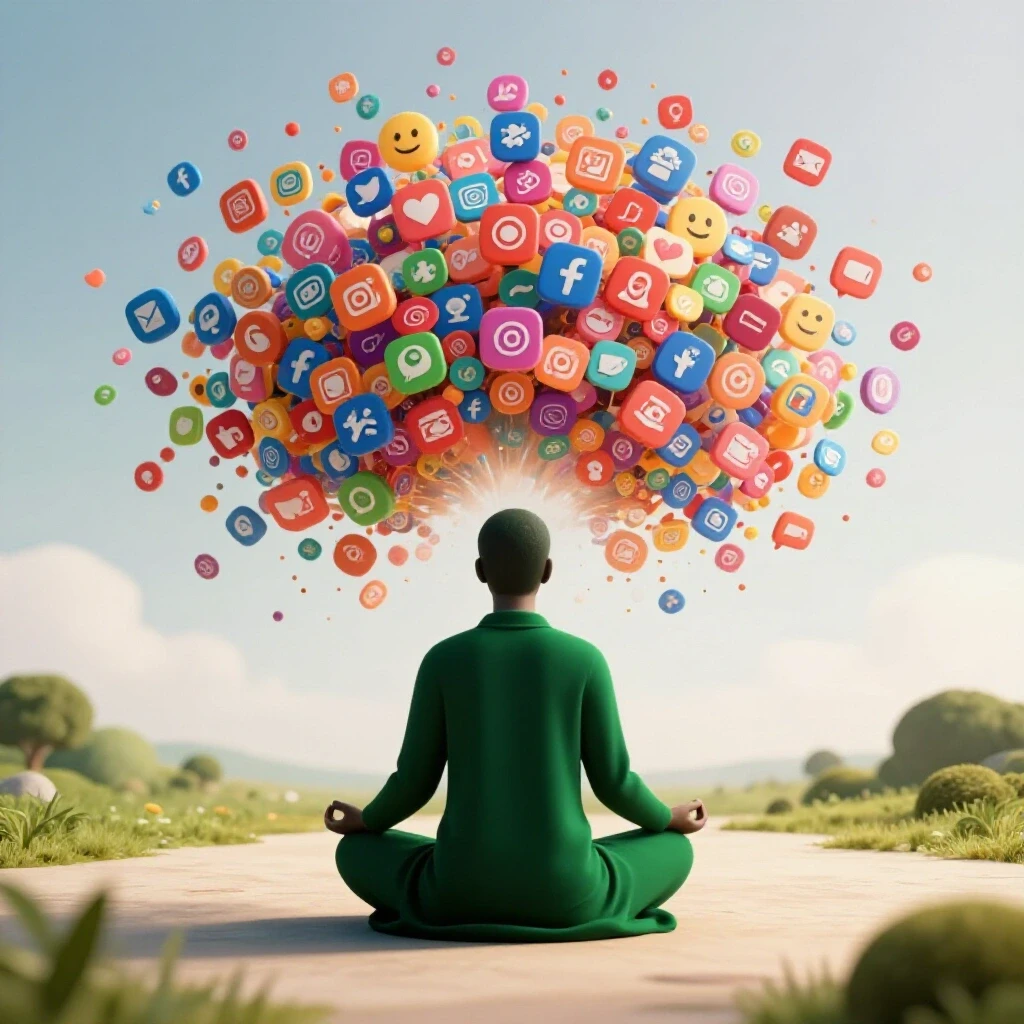 A calming landscape contrasts with vibrant social media icons, symbolizing mental wellness support.