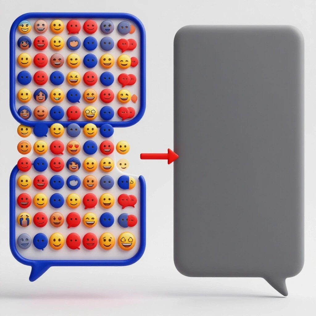A vibrant split-screen showing a lively conversation bubble with emojis on one side and an empty chat interface on the other, symbolizing engagement potential.