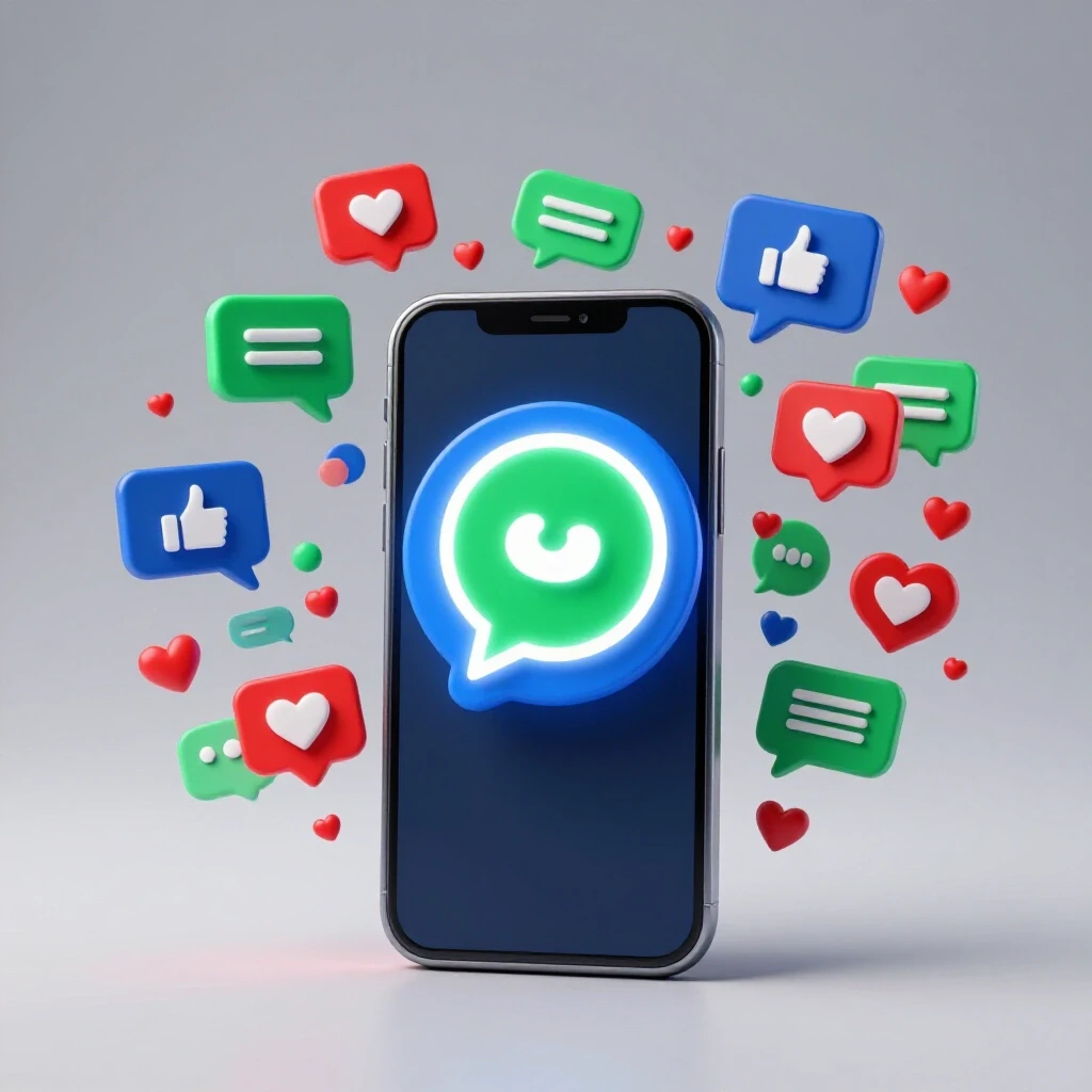 A smartphone displaying a vibrant Facebook Messenger icon, surrounded by colorful chat bubbles and engagement icons.