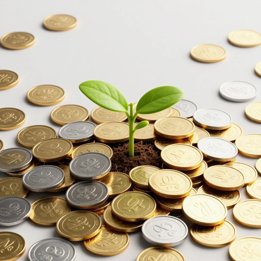 A vibrant seedling growing from a pile of shiny coins, symbolizing investment growth.