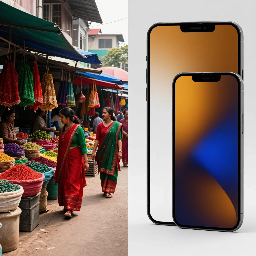 A split-screen image showing a vibrant market in Bangladesh alongside a sleek digital ad interface, demonstrating marketing contrasts.