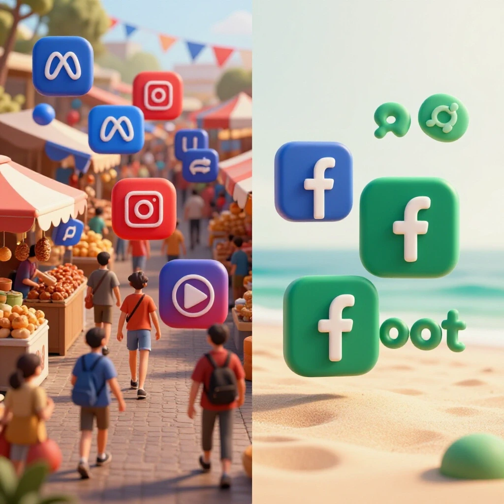 A contrasting image showing a bustling market with social media icons on one side and a serene beach setting with social media elements on the other.