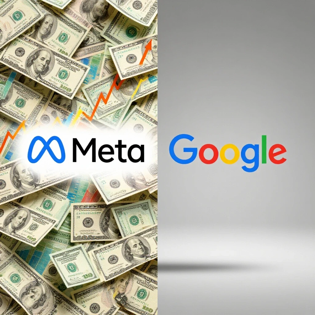 A contrasting image comparing Meta and Google Ads, showcasing vibrant dollar bills and growth charts against a subdued side.