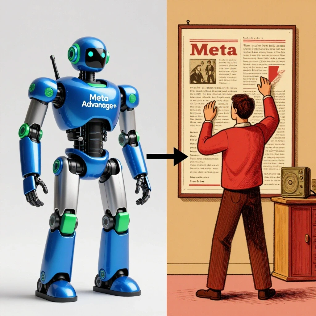 A split image showcasing a high-tech robot and a traditional ad campaign setup, illustrating modern vs. vintage advertising approaches.