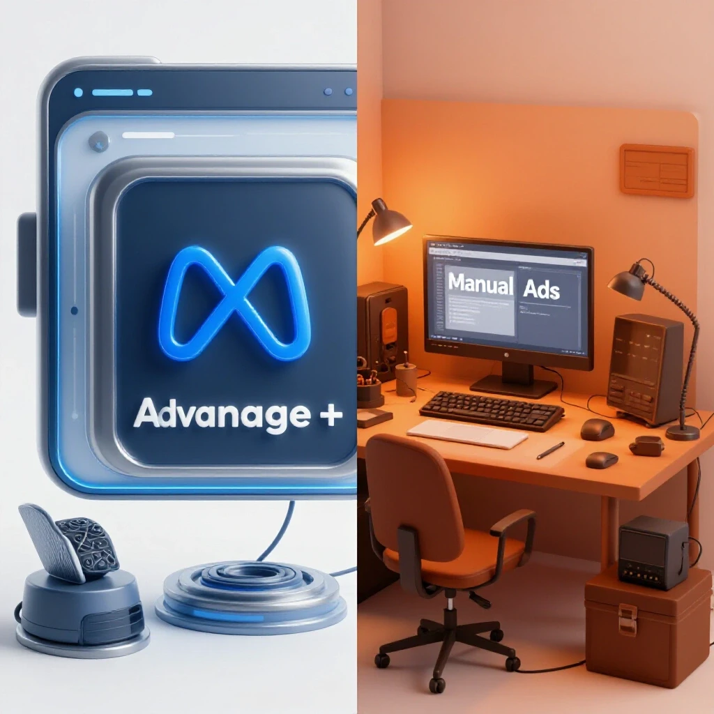 A visual comparison of Meta Advantage+ and Manual Ads showcasing contrasting styles and color schemes.