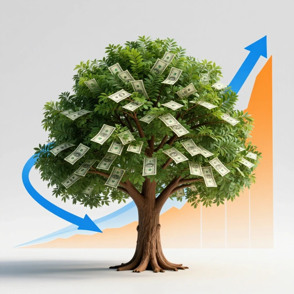 A 3D image of a tree with dollar bills for leaves set against a bright, colorful upward graph, symbolizing financial growth.