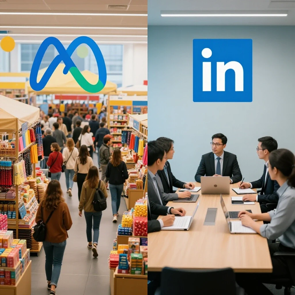A split-image design comparing Meta's vibrant marketplace to LinkedIn's professional boardroom for B2B ads.