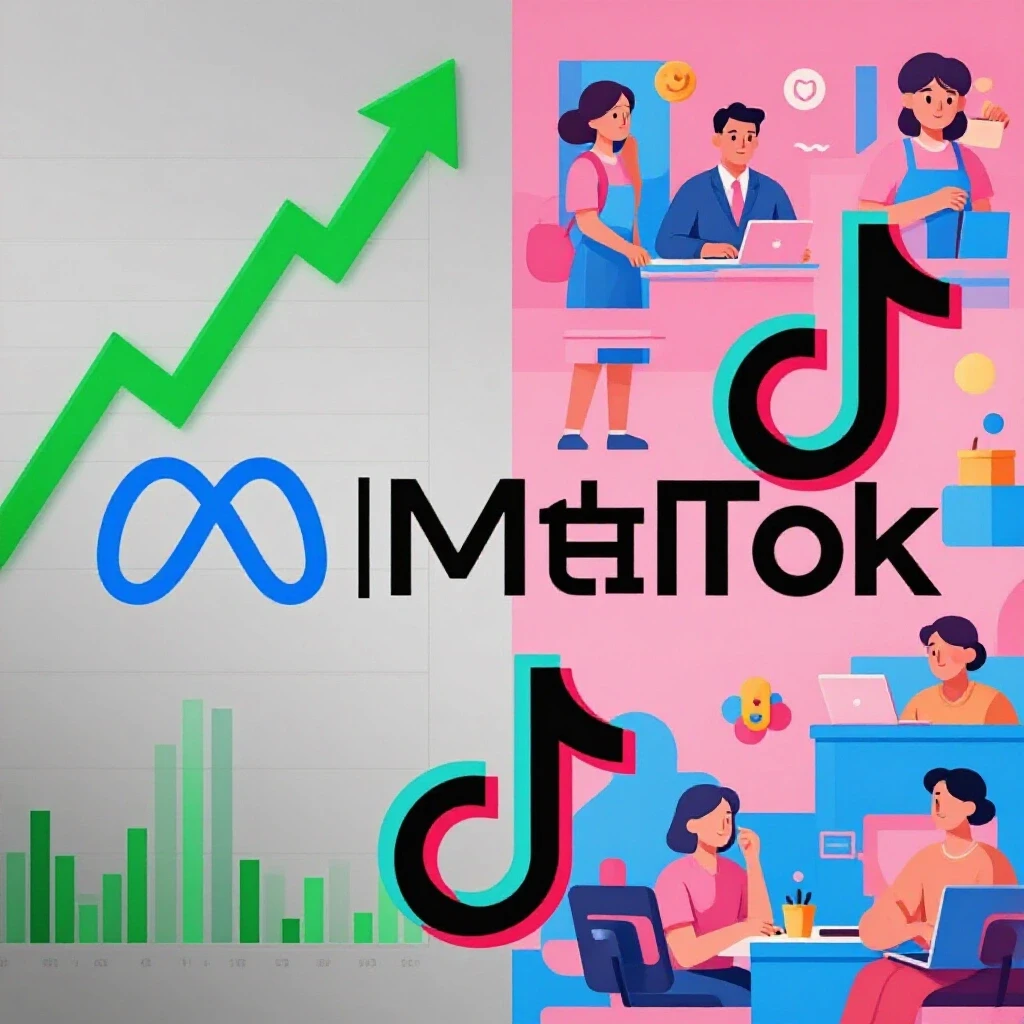 Split-screen image contrasting Meta and TikTok logos with vibrant financial graph and playful user engagement visuals.