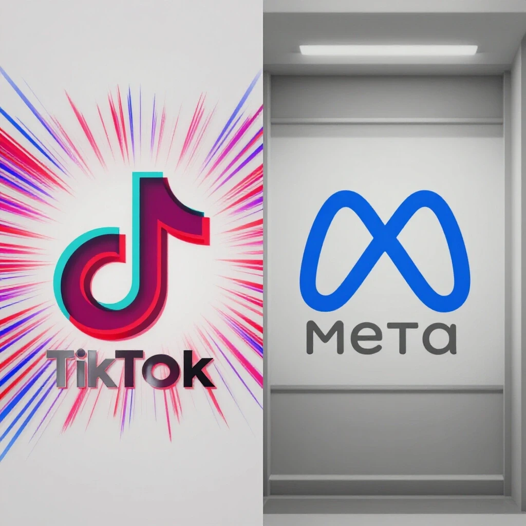 A split image comparing the TikTok and Meta logos, showcasing a vibrant contrast between dynamic energy and minimalist design against a clean background.