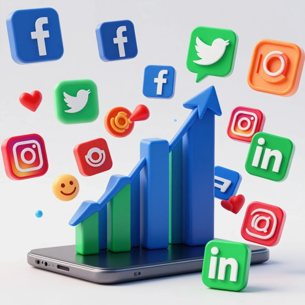 Vibrant upward graph from a device surrounded by dynamic social media icons symbolizing growth.