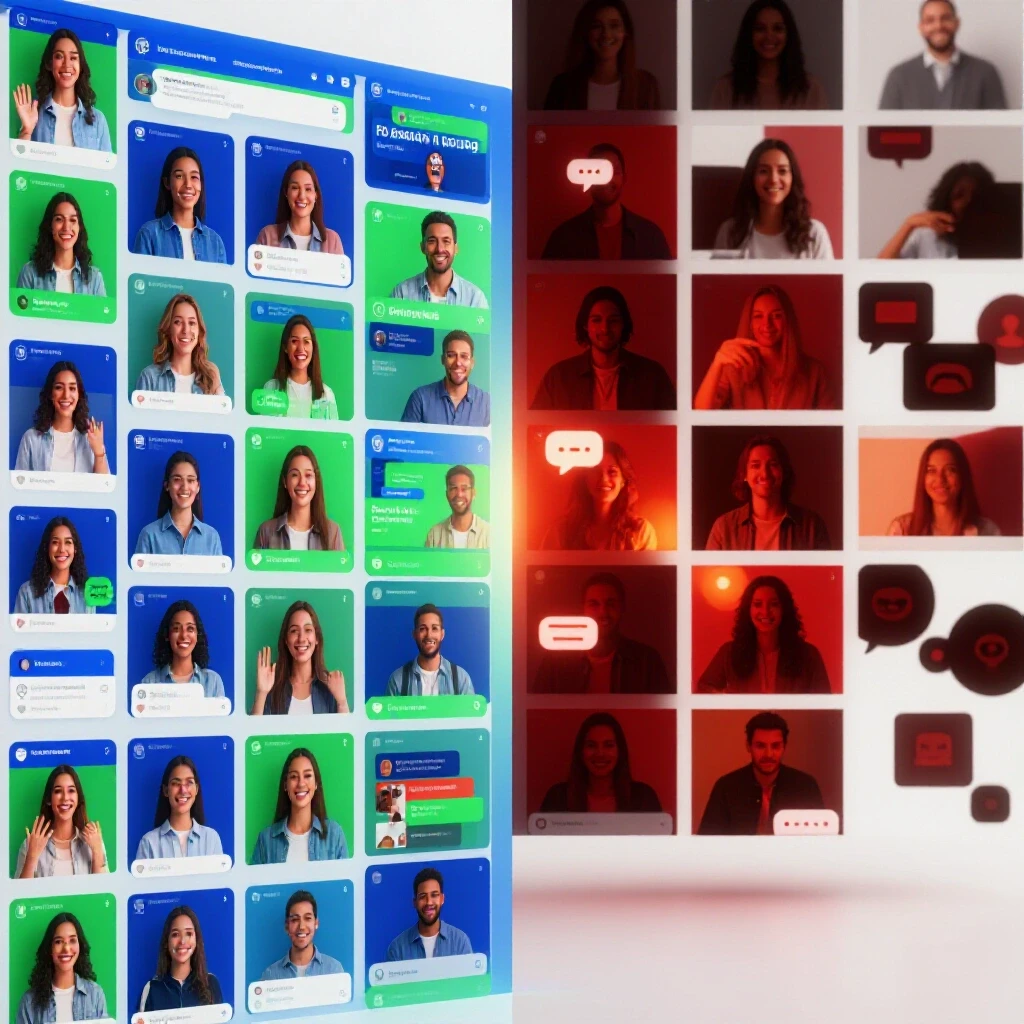 A split image showing a vibrant social media feed on one side and a chaotic display of misinformation on the other.