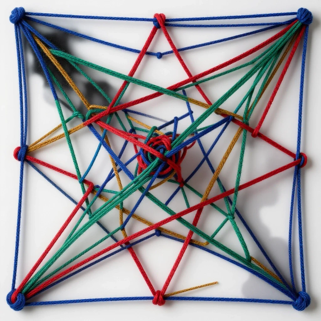 A colorful web of threads symbolizing social media connections with dark shadows representing misinformation.