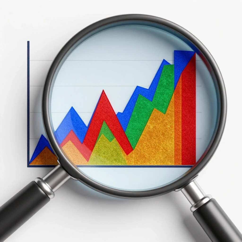 A magnifying glass focused on a vibrant social media engagement rate graph showcasing peaks and valleys.