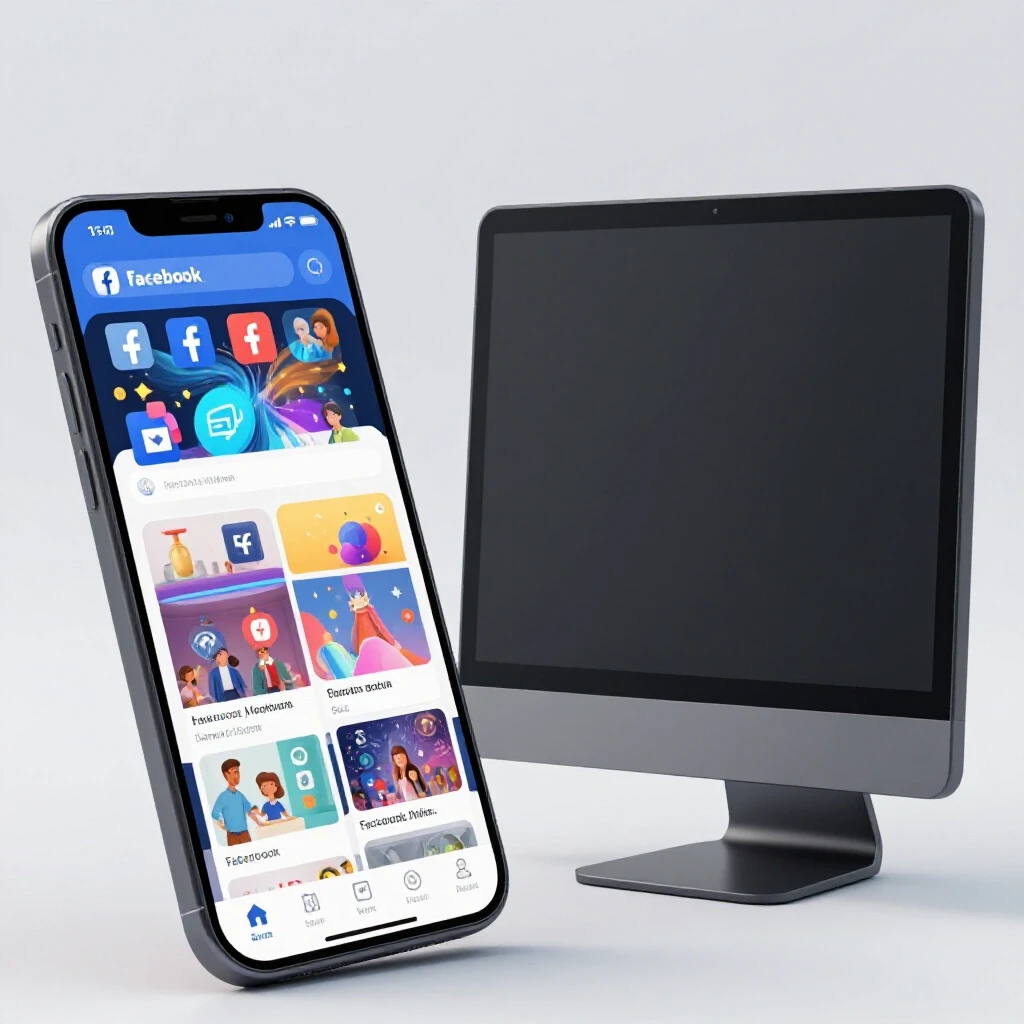 Split-screen image comparing a dynamic mobile phone displaying vibrant Facebook content with a dull desktop screen.