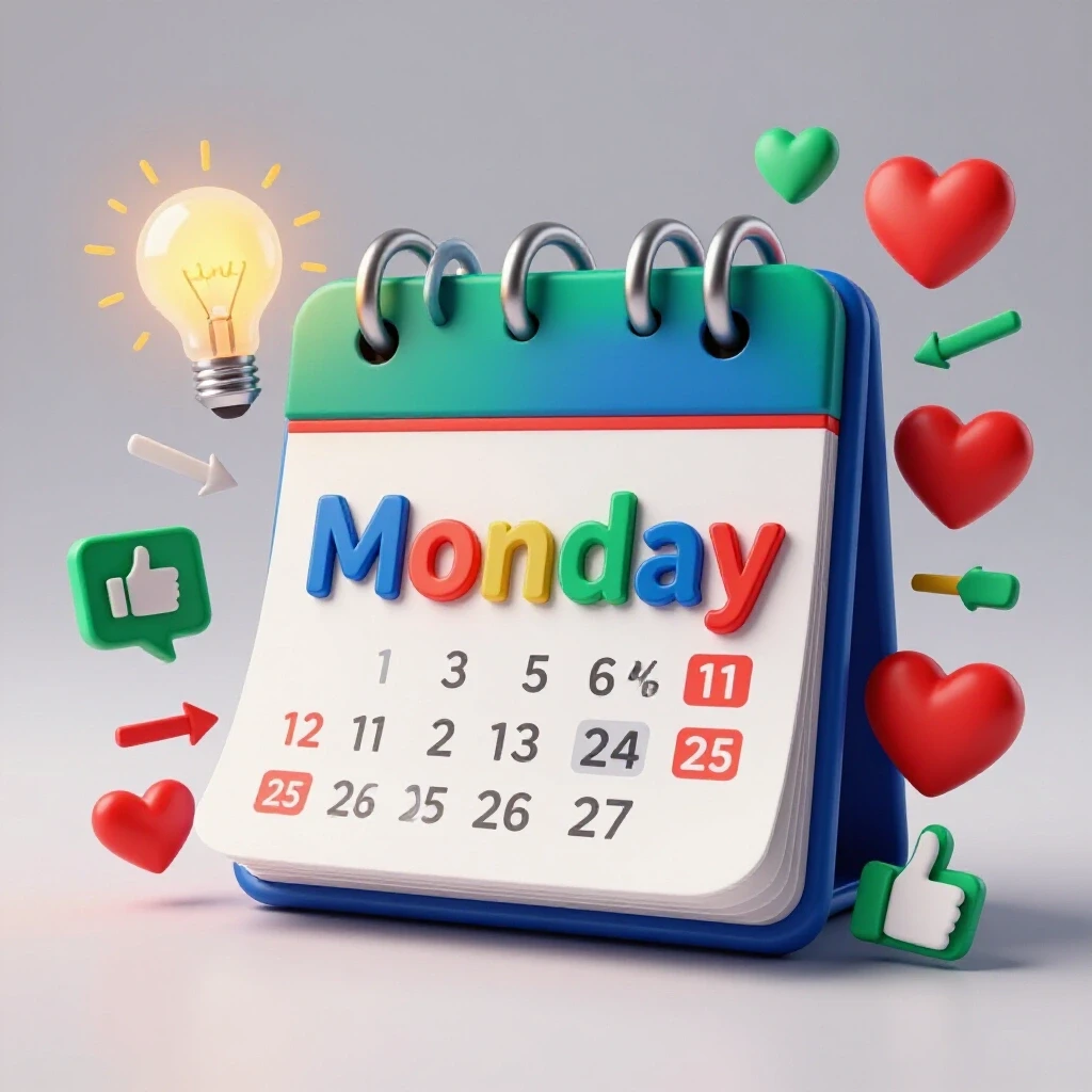 A colorful calendar marking 'Monday' with engaging social media icons radiating creativity.