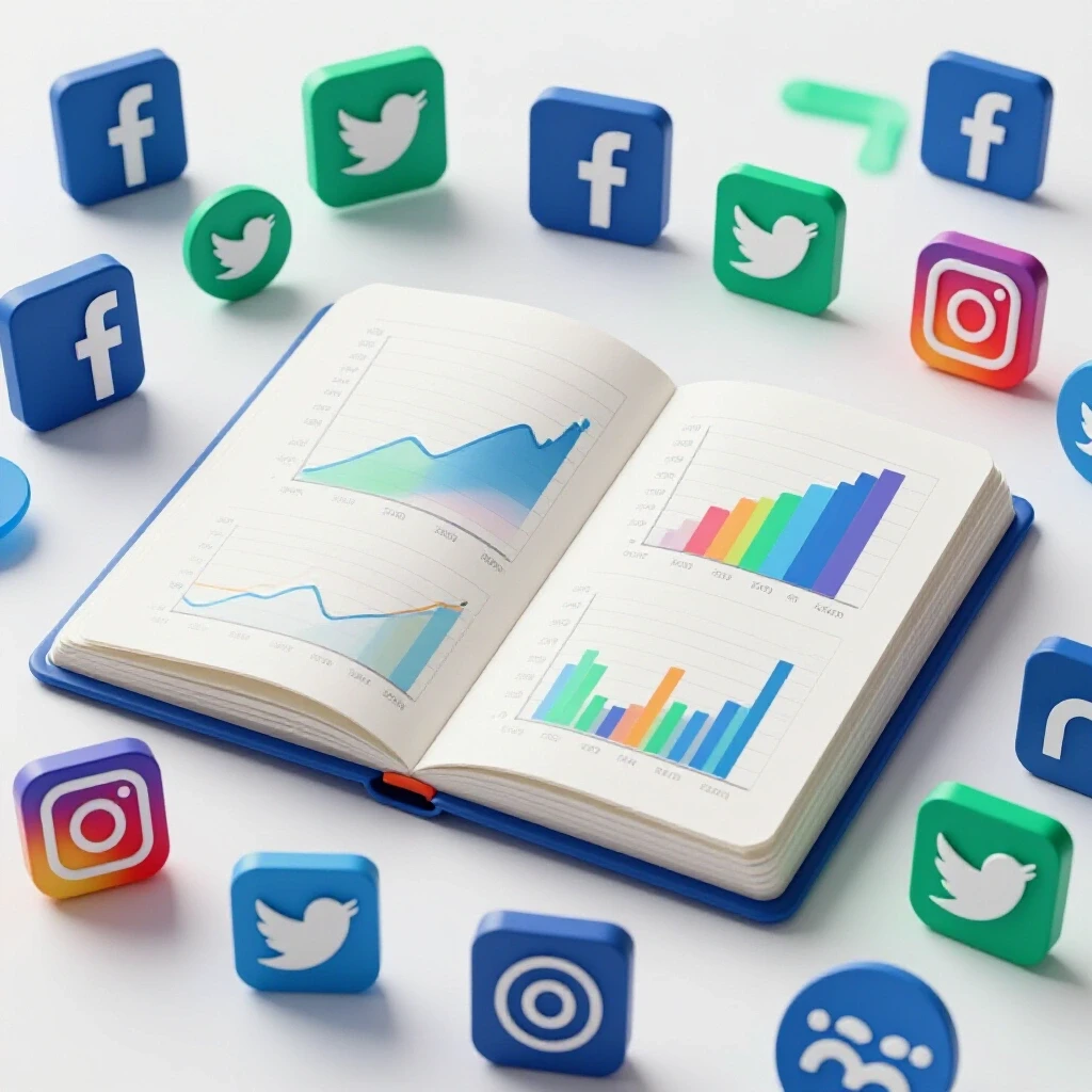 A colorful notebook with graphs and social media icons symbolizing effective reporting and analytics.