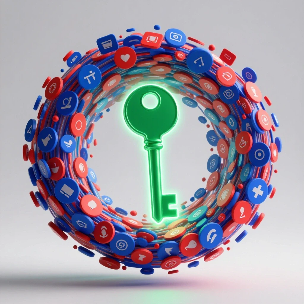 A glowing key surrounded by a colorful swirl of social media icons, symbolizing unlocking marketing potential.