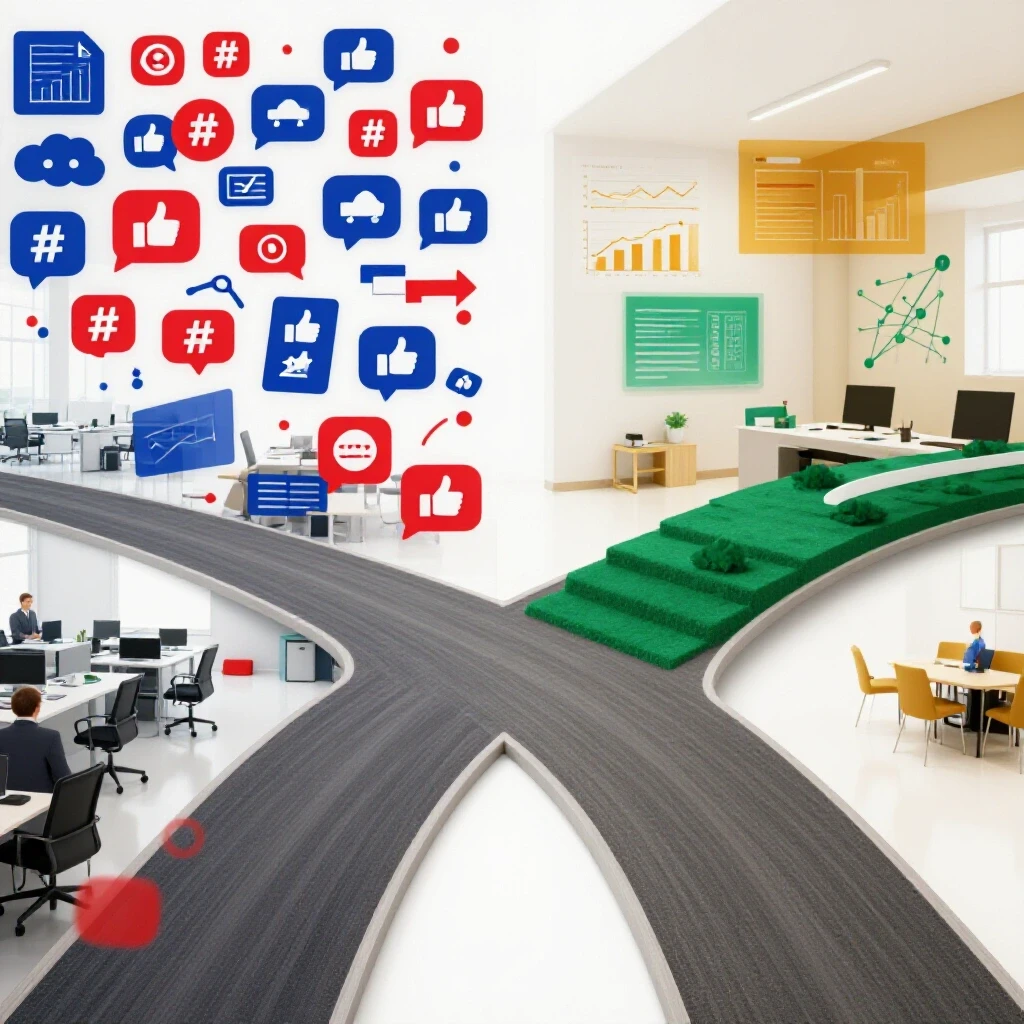 Visual representation of a crossroads between agency life and consulting in social media marketing.