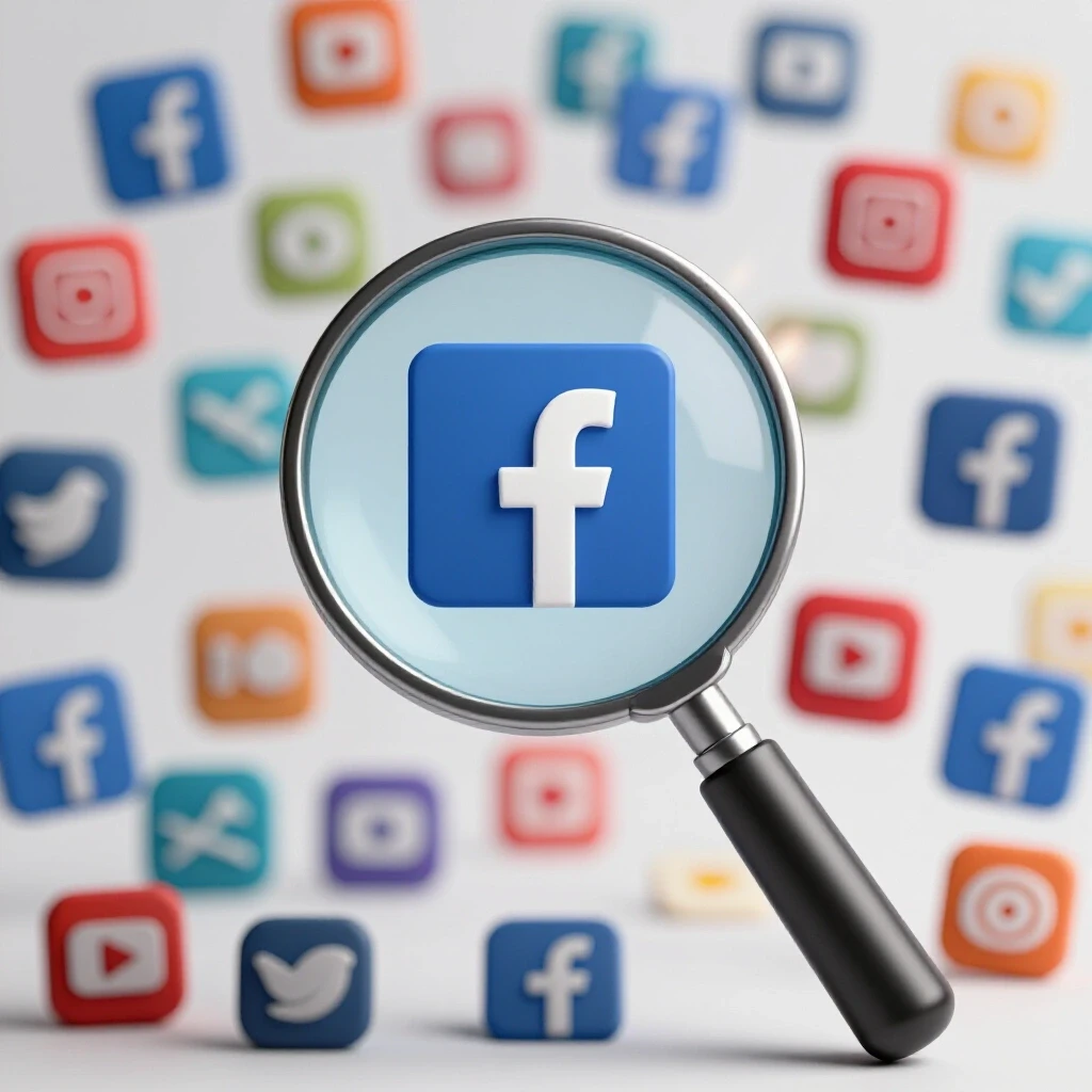 A magnifying glass focused on a vibrant social media icon with blurred muted icons in the background, representing focus in digital marketing.