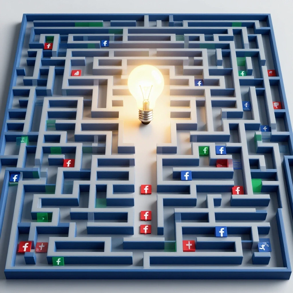 A complex maze of Facebook logos and digital ad icons with a bright path leading to a glowing lightbulb, symbolizing smart tactics.