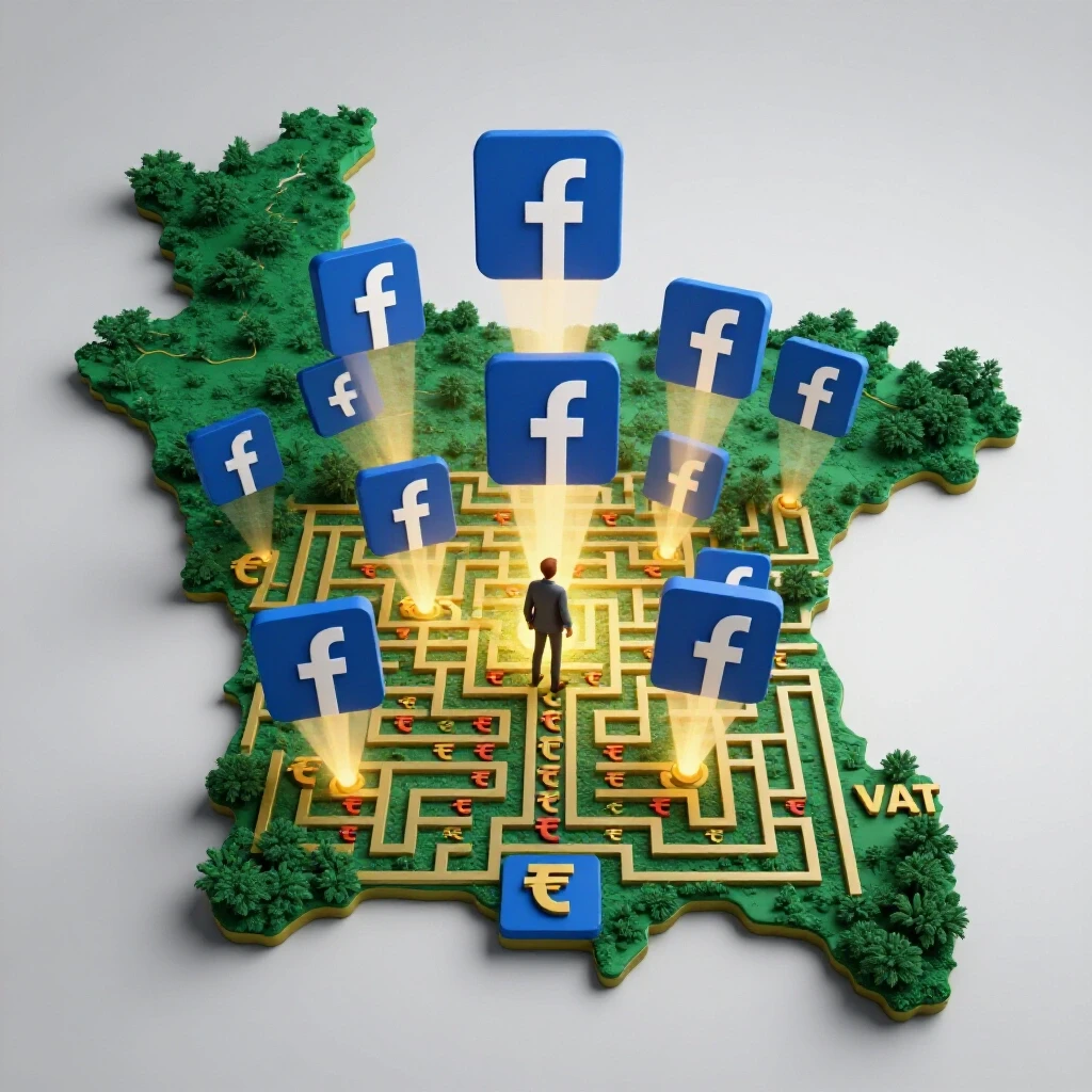 A vibrant 3D visualization of a Bangladesh map with Facebook logos guiding an explorer through VAT symbols, set in a bright background.