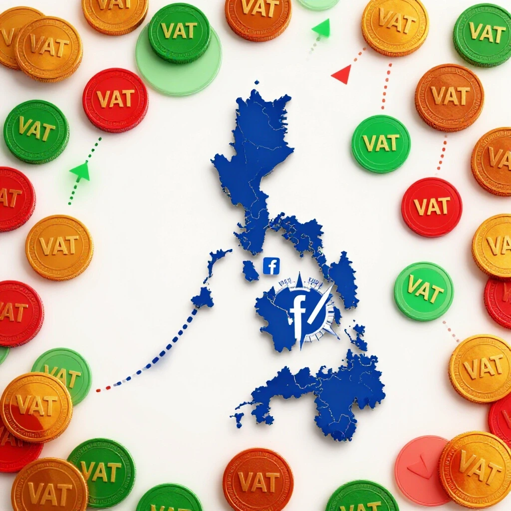 Colorful map of the Philippines with Facebook logo as a compass, oversized VAT coins, and navigation elements.
