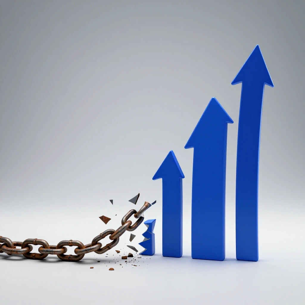 A broken chain juxtaposed with vibrant upward arrows, symbolizing the transition from negative reach to sales growth.