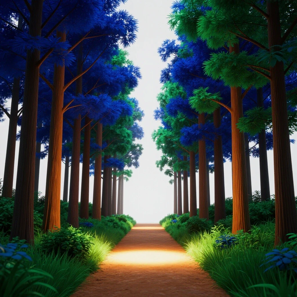 A vibrant spotlight illuminates a narrow path through a dense forest, symbolizing clarity in content niching.