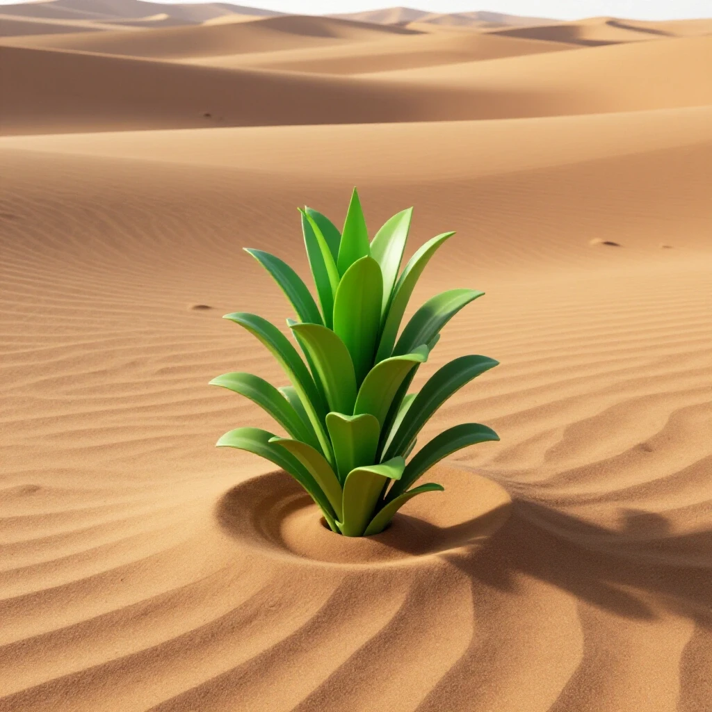 A vibrant green plant emerging in a barren desert, symbolizing growth and niching down.
