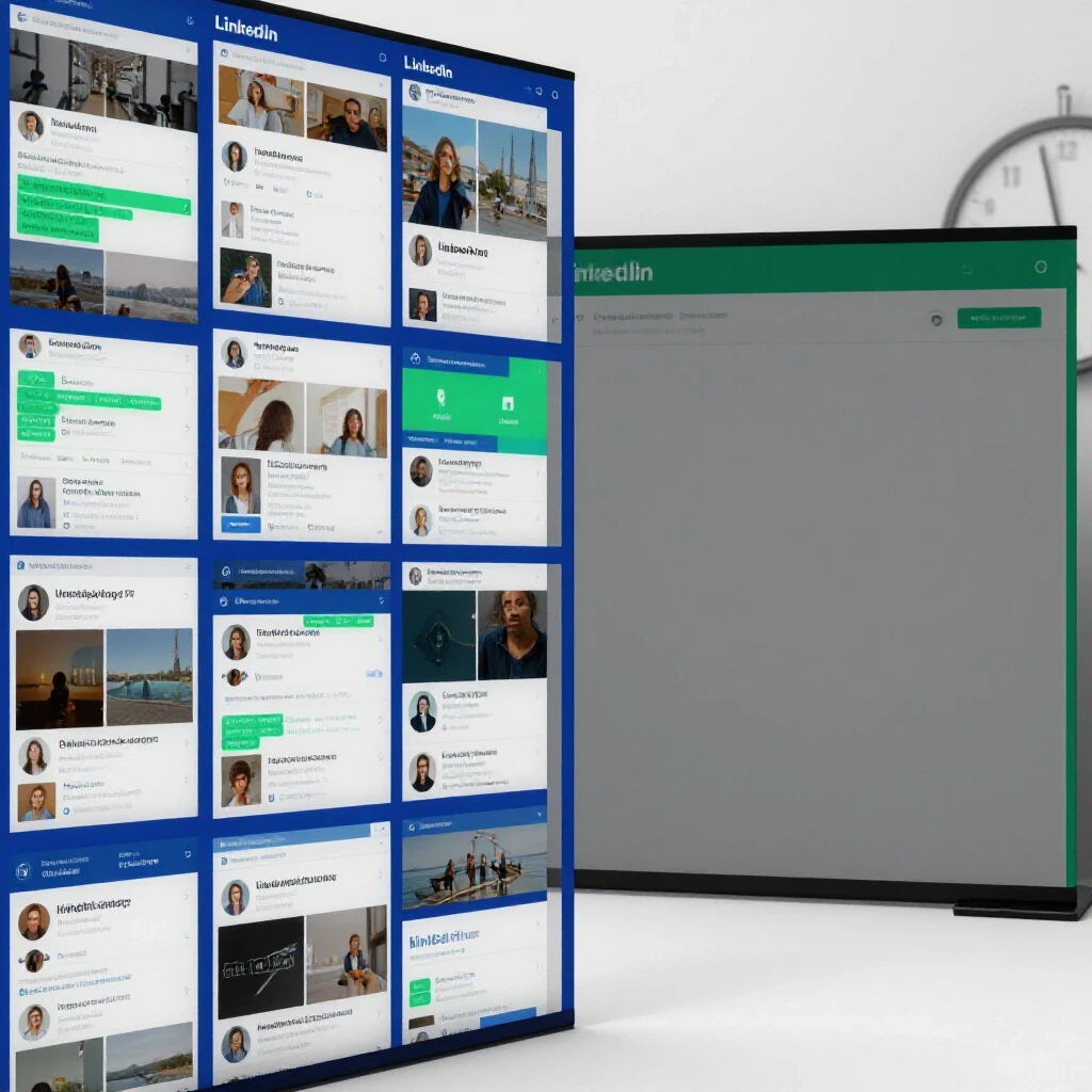 A split-screen image showing a vibrant LinkedIn feed on one side and a dull empty profile on the other, symbolizing posting frequency impact.
