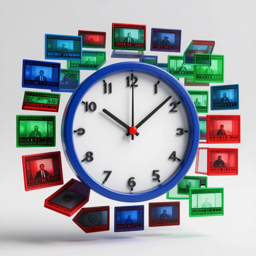 A clock with advancing hands surrounded by vibrant, progressively shorter video frames against a clean background, symbolizing optimal video length.