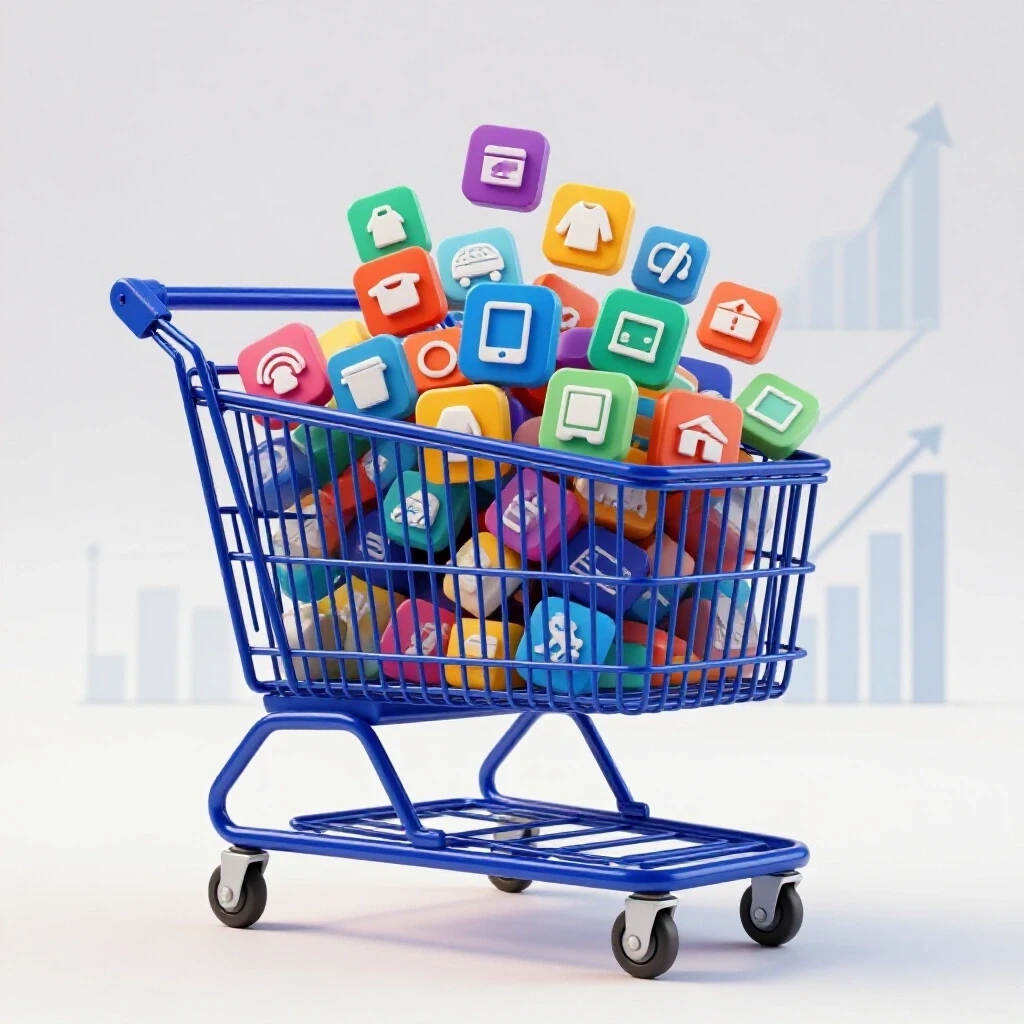 A shopping cart filled with colorful digital product icons against a bright background with graphs, symbolizing e-commerce growth.