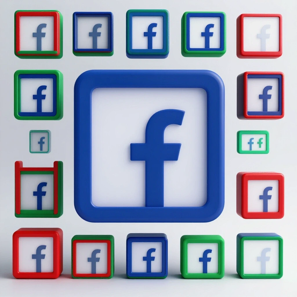 Oversized Facebook ad squares surrounded by smaller ad squares on a bright background