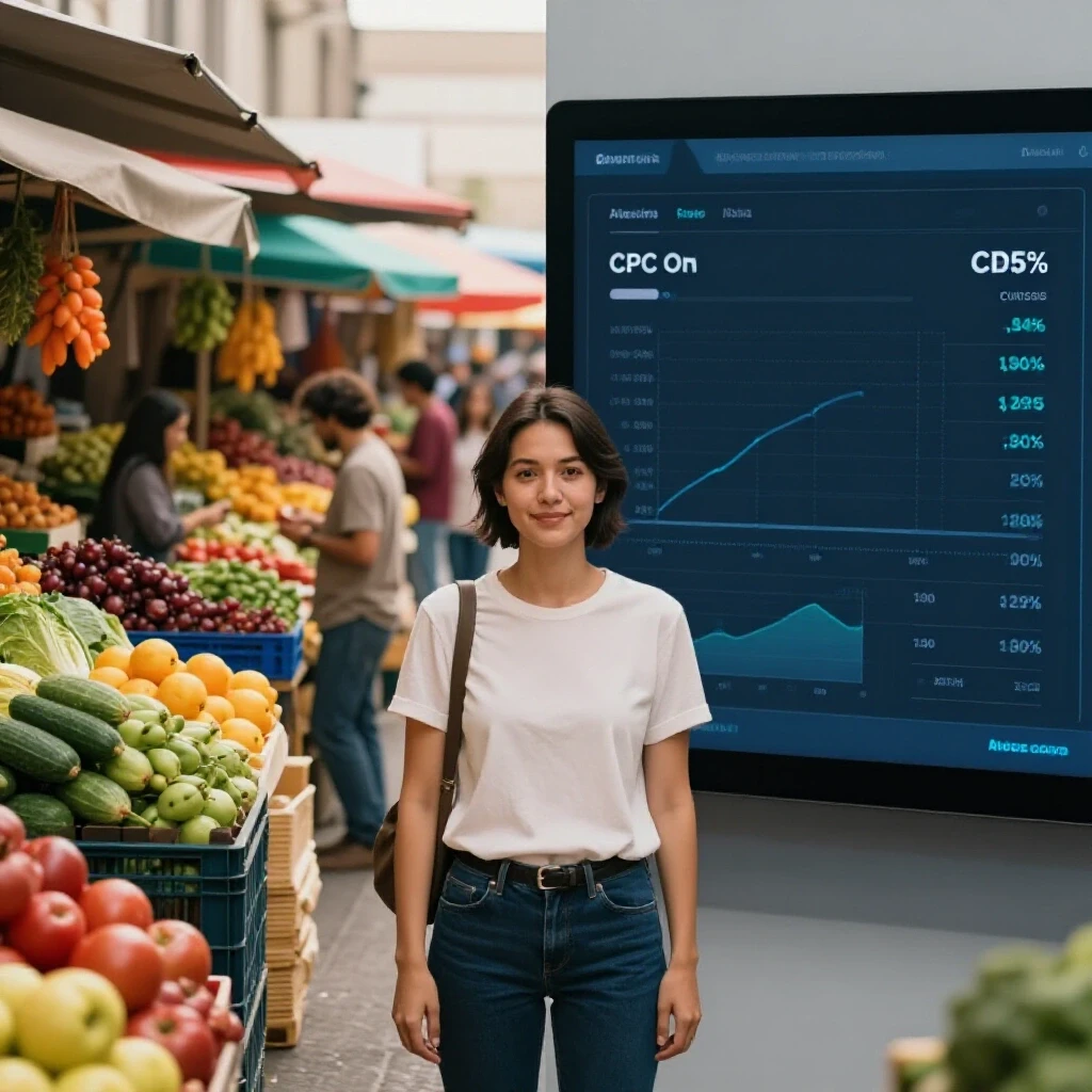 A split-image showing a vibrant market scene contrasted with a sleek digital interface for Facebook ads performance.