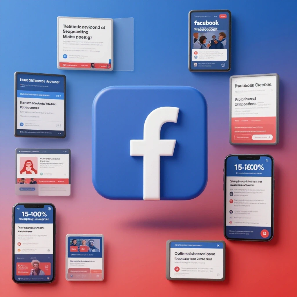 A striking composition showing a large Facebook logo with small ad mockups in vibrant colors, set against a gradient background.