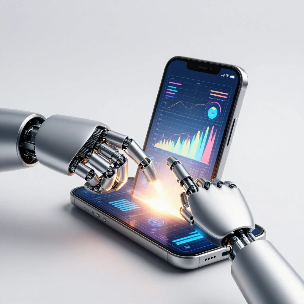 A robot hand adjusting a glowing smartphone displaying colorful analytics on social media advertising optimization.