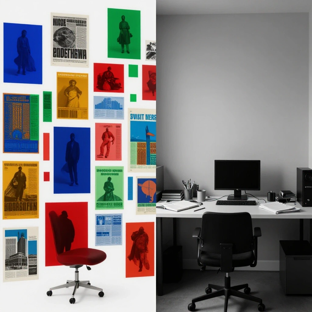 Visual representation of social media ad optimization contrasting vibrant creative designs with a chaotic workspace.
