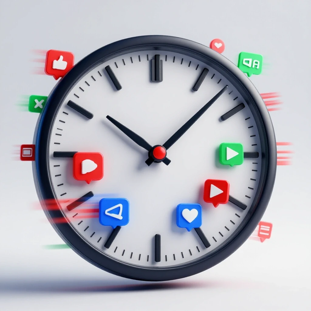 A dynamic visual of a racing clock with social media icons, showcasing speed and excitement in ad optimization.