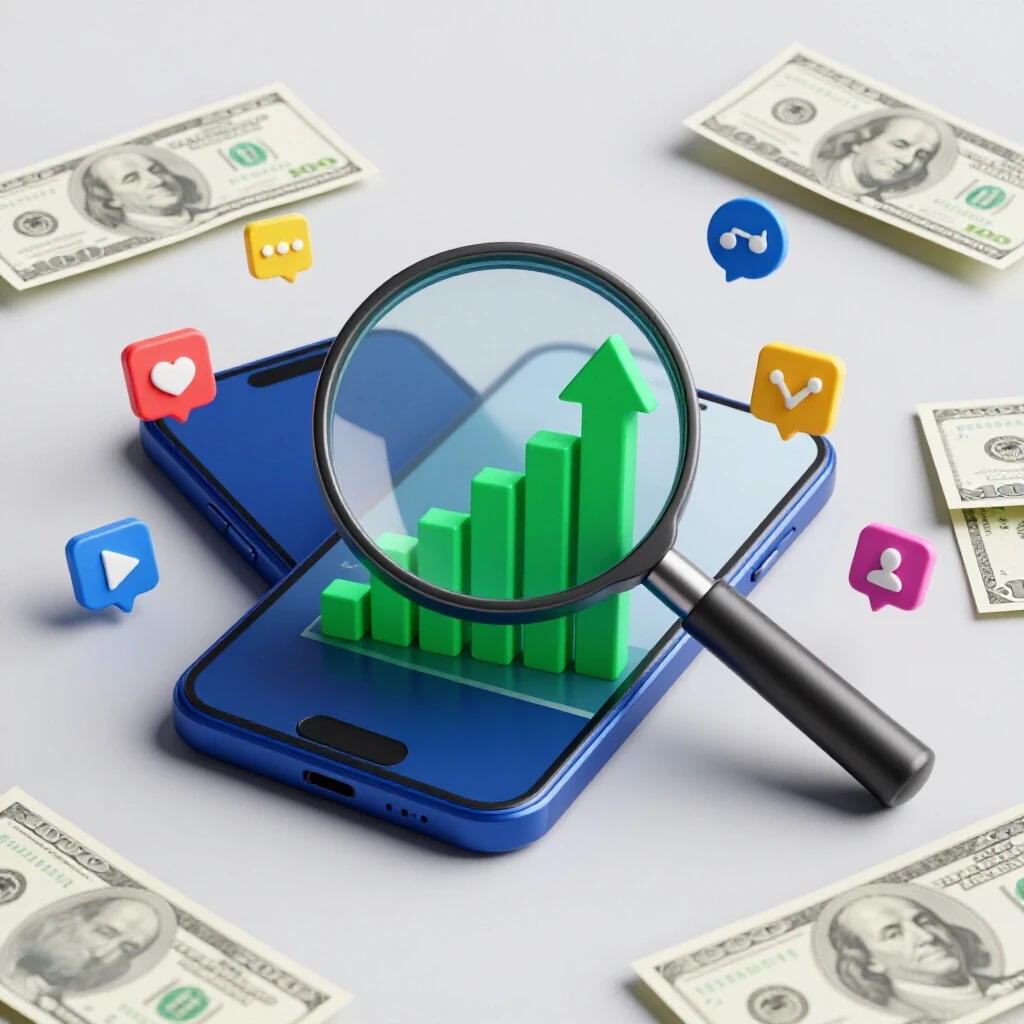 A 3D-rendered image of a magnifying glass over a smartphone displaying a rising graph, surrounded by currency notes and social media icons.