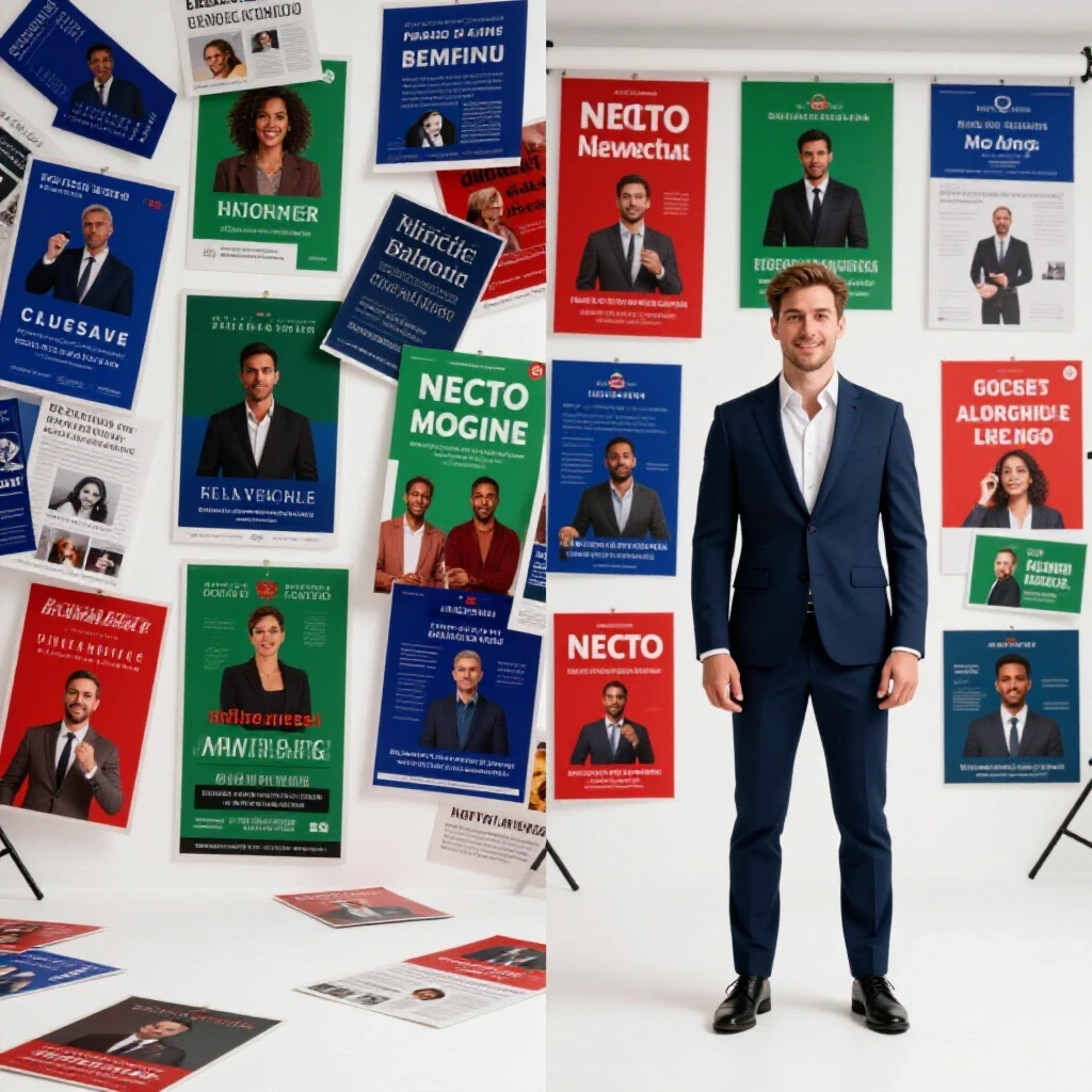 A dynamic split-image showing chaotic social media ads on one side and a sleek optimized ad campaign on the other, emphasizing clarity and success.