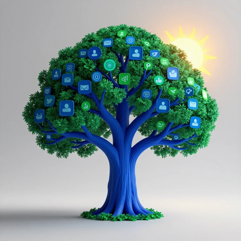 A vibrant tree made of social media icons under a rising sun, symbolizing growth and connection in social media.